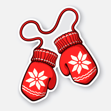 Vector illustration. Two christmas red mitten with snowflake pattern. Winter wool glove for cold weather. New year decoration. Sticker in cartoon style with contour. Isolated on white backgroundのイラスト素材
