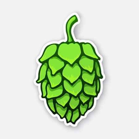 A green cone of hop, Symbol of alcoholic beverage, Sticker with contour Isolated on white background, Decoration for patches, prints for clothes, emblems, signboards, labels illustration.のイラスト素材
