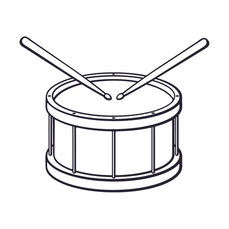 Vector illustration. Hand drawn doodle of classic drum with crossed drumsticks. Percussion musical instrument. Rock or jazz equipment. Cartoon sketch. Isolated on white backgroundのイラスト素材