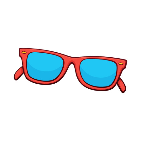 Vector illustration. Sunglasses with red plastic rimmed and blue lenses.  Hand drawn print with contour. Summer accessory. Eyewear for protection from sun beam. Isolated on white backgroundのイラスト素材