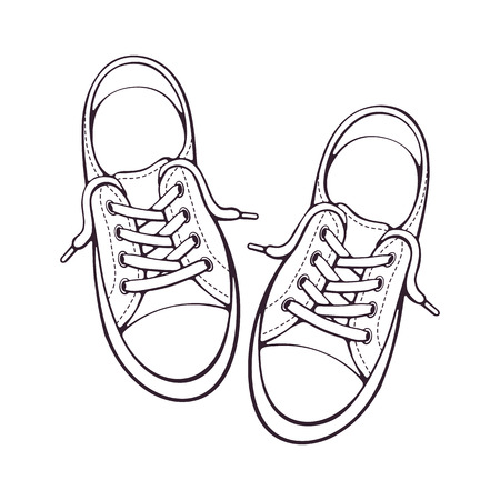 Vector illustration. Pair textile sneaker with rubber toe and loose lacing. Hand drawn doodle. Shoes of modern teenagers skaters. Cartoon sketch. Isolated on white backgroundのイラスト素材