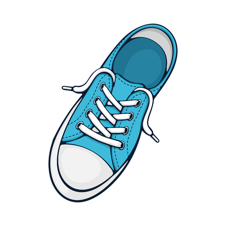 Vector illustration. One blue textile sneaker with rubber toe and loose lacing. Hand drawn print with contour. Shoes of modern teenagers skaters. Isolated on white backgroundのイラスト素材