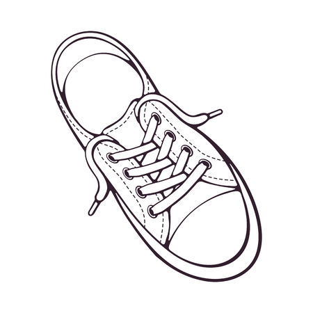 Vector illustration. Textile sneaker with rubber toe and loose lacing. Hand drawn doodle. Shoes of modern teenagers skaters. Cartoon sketch. Isolated on white backgroundのイラスト素材