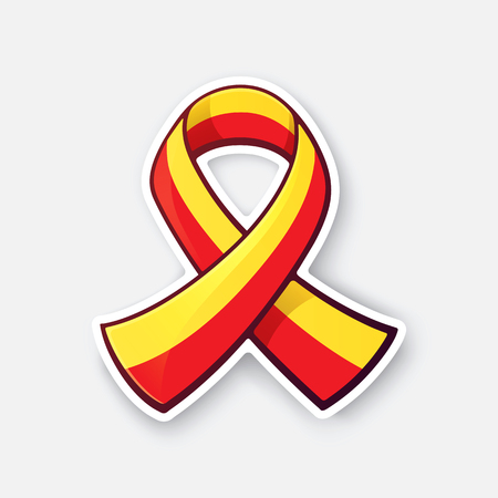 Vector illustration. Red and yellow ribbon, symbol of World hepatitis day. Sticker with contour. Isolated on white backgroundのイラスト素材