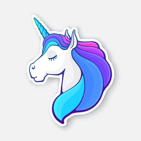 Vector illustration. Fairy tale sleeping unicorn head with closed eyes and rainbow mane. Magic horse with horn. Imaginary mythical character. Sticker with contour. Isolated on white backgroundのイラスト素材