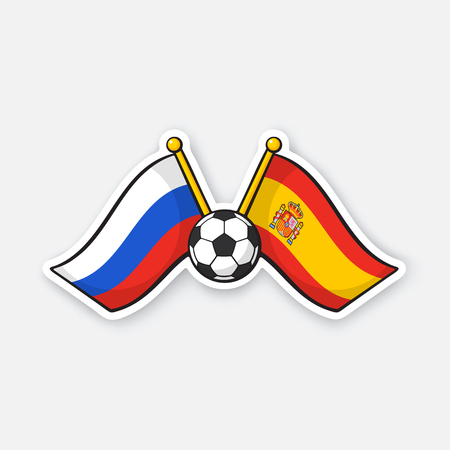 Vector illustration. Two crossed national flags of Russia versus Spain with soccer ball between them. International championship football. Sticker with contour. Isolated on white backgroundのイラスト素材