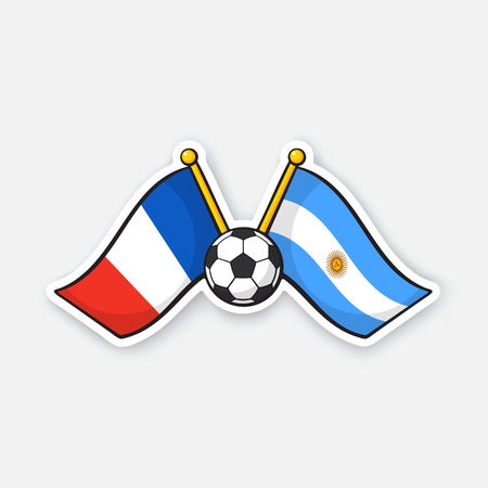Vector illustration. Two crossed national flags of France versus Argentine with soccer ball between them. International championship football. Sticker with contour. Isolated on white backgroundのイラスト素材
