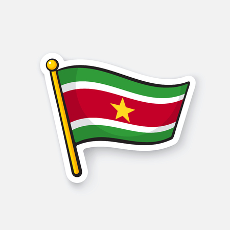 Vector illustration. National flag of Suriname on flagstaff. Location symbol for travelers. Sticker with contour. Decoration for patches, prints for clothes, badges. Isolated on white backgroundのイラスト素材