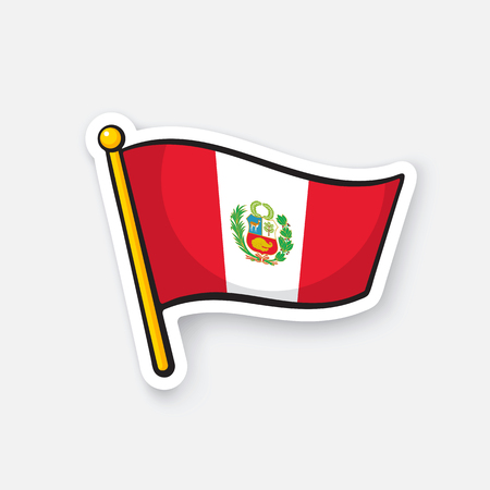 Vector illustration. National flag of Peru with coat of arms on flagstaff. Location symbol for travelers. Sticker with contour. Decoration for patches, badges. Isolated on white backgroundのイラスト素材