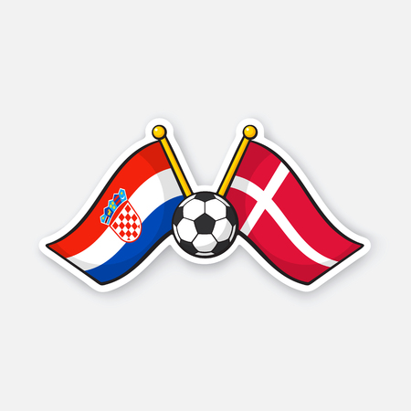 Vector illustration. Two crossed national flags of Croatia versus Denmark with soccer ball between them. International championship football. Sticker with contour. Isolated on white backgroundのイラスト素材