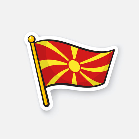 Vector illustration. National flag of Macedonia on flagstaff. Location symbol for travelers. Sticker with contour. Decoration for patches, badges. Isolated on white backgroundのイラスト素材