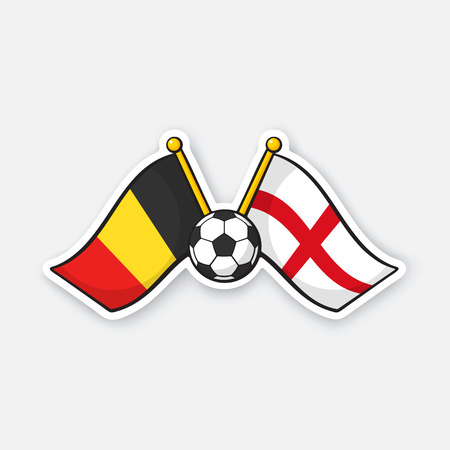 Vector illustration. Two crossed national flags of Belgium versus England with soccer ball between them. International championship football. Sticker with contour. Isolated on white backgroundのイラスト素材