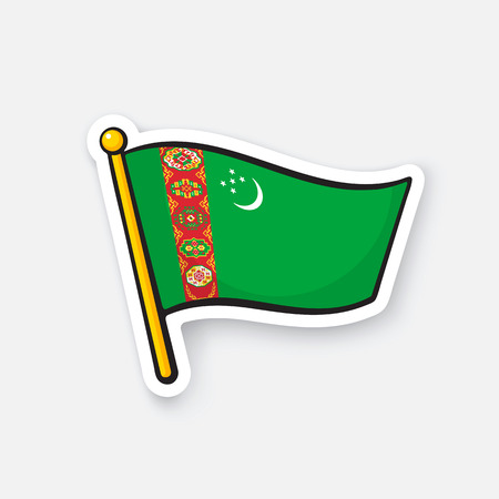 Vector illustration. National flag of Turkmenistan on flagstaff. Location symbol for travelers. Sticker with contour. Decoration for patches, prints for clothes, badges. Isolated on white backgroundのイラスト素材