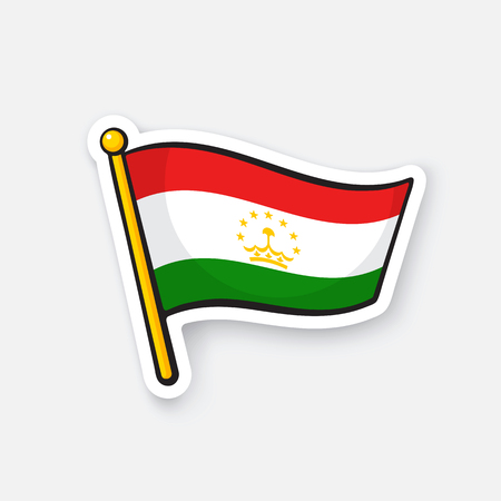 Vector illustration. National flag of Tajikistan on flagstaff. Location symbol for travelers. Sticker with contour. Decoration for patches, prints for clothes, badges. Isolated on white backgroundのイラスト素材