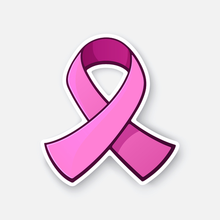 Vector illustration. Pink ribbon, international symbol of breast cancer awareness. Sign of moral support for women. Sticker in cartoon style with contour. Isolated on white backgroundのイラスト素材