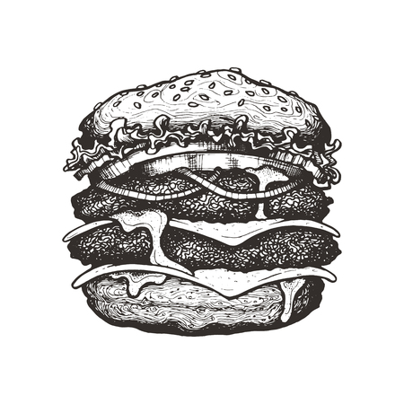 Vector illustration. Double cheeseburger with cheese, tomato, onion and lettuce. Big beef burger with vegetables. Hand drawn ink sketch. Graphic vintage element. Isolated on white backgroundのイラスト素材