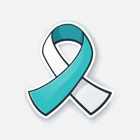 Vector illustration. Ribbon at teal and white color, international symbol of Cervical cancer awareness. Graphic design with contour. Isolated on white backgroundのイラスト素材