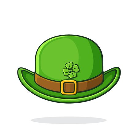 Vector illustration. Front view of green retro bowler hat with golden buckle and clover. Saint Patrick's Day symbol. Graphic design with contour. Isolated on white backgroundのイラスト素材