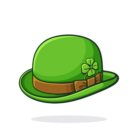 Vector illustration. Isometric view of green retro bowler hat with clover. Saint Patrick's Day symbol. Print for showcase, greeting card. Graphic design with contour. Isolated on white backgroundのイラスト素材