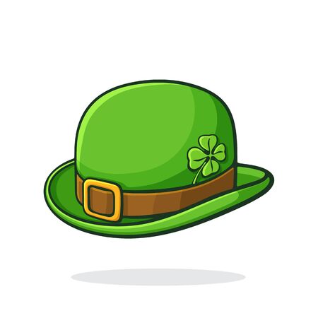 Vector illustration. Isometric view of green retro bowler hat with golden buckle and clover. Saint Patrick's Day symbol. Graphic design with contour. Isolated on white backgroundのイラスト素材
