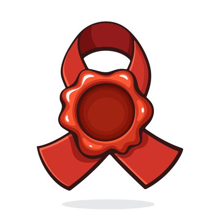 Vector illustration. Vintage red wax seal with ribbon. Security stamp for retro mail. Symbol of secret message. Graphic design with contour. Isolated on white backgroundのイラスト素材