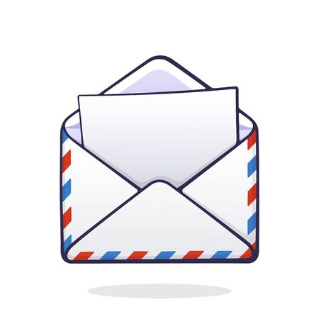 Vector illustration. Opened mail envelope with red and blue stripes. Incoming message has been read. Symbol of communication and internet letter. Graphic with contour. Isolated white backgroundのイラスト素材