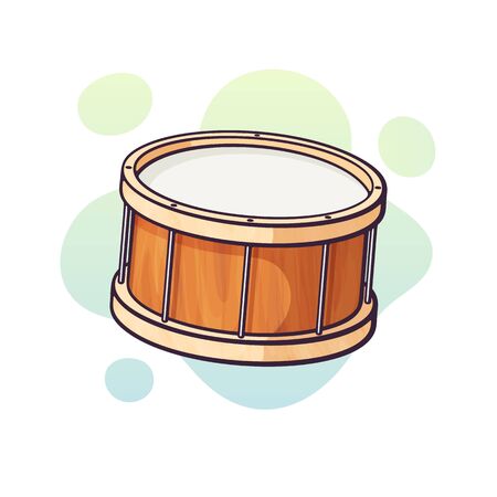 Vector illustration. Classical wooden drum. Percussion musical instrument. Blues, jazz, ska, orchestral or rock equipment. Clip art with contour for graphic design. Isolated on white backgroundのイラスト素材