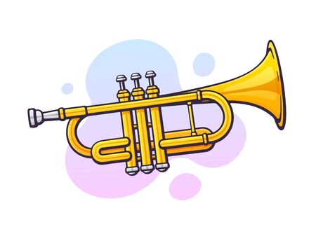 Vector illustration. Classical music wind instrument trumpet. Blues, jazz or orchestral equipment. Clip art with contour for graphic design. Isolated on white backgroundのイラスト素材