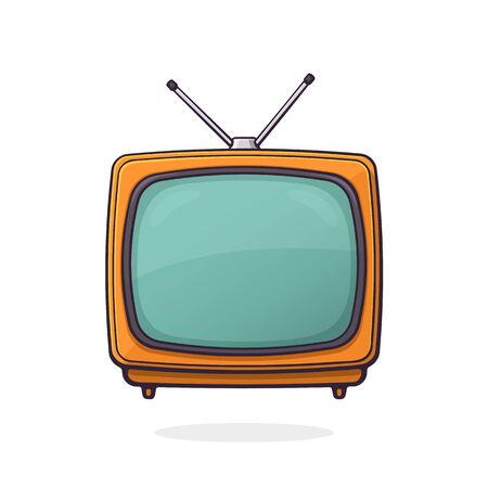 Vector illustration. Analogue retro TV with antenna and orange plastic body. Television box for news and show translation. Clip art with contour for graphic design. Isolated on white backgroundのイラスト素材