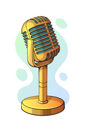 Vector illustration. Golden retro microphone for music, sound, voice, speak, radio recording. Clip art with outline for graphic design. Jazz, blues, rock vintage mic. Isolated on white backgroundのイラスト素材