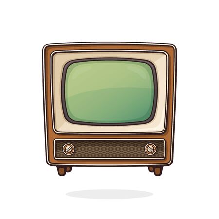 Vector illustration. Analogue retro TV with wooden body, signal and channel selector. Vintage television box for video translation. Outline clip art for graphic design. Isolated on white backgroundのイラスト素材