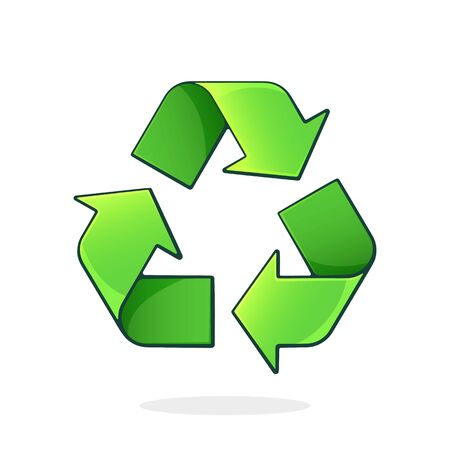 Green recycling symbol. Worldwide attention sign to environmental issues. Triangular eco friendly sign of reused. Cartoon vector illustration with outline. Clip art Isolated on white backgroundのイラスト素材
