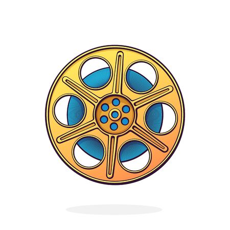 Front view film stock. Retro cinema strip. Vintage camera reel. Movie industry. Retro storage of analog information. Cartoon vector illustration with outline. Clip art Isolated on white backgroundのイラスト素材