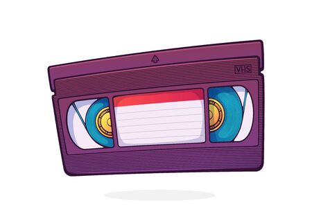 VHS cassette. Video tape record system. Retro storage of analog information. Movie industry. Cartoon vector illustration with outline. Clip art Isolated on white backgroundのイラスト素材