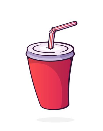 Disposable paper cup with soda and straw. Glass with carbonated cold drink. Film industry and fast food symbol. Cartoon vector illustration with outline. Clip art Isolated on white backgroundのイラスト素材