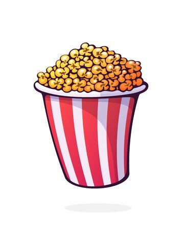 Bucket full of popcorn. Red and white striped paper cup with junk snack. Symbol of the film industry and fast food. Cartoon vector illustration with outline. Clip art Isolated on white backgroundのイラスト素材