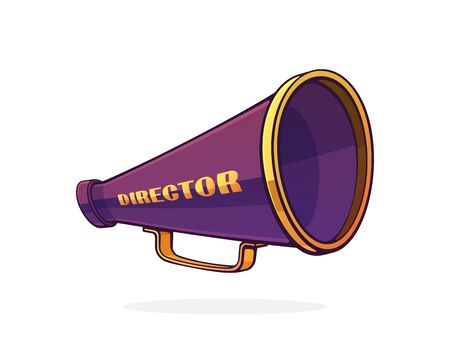 Retro megaphone with word director on side. Vintage hand loud speaker. Voice audio information, film industry symbol. Cartoon vector illustration with outline. Clip art Isolated on white backgroundのイラスト素材