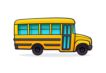 Yellow school bus. Passenger transport for transportation of children to school. Back to school. Vector illustration with outline in cartoon style. Clip art Isolated on white backgroundのイラスト素材