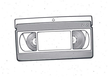 Outline of VHS cassette. Vector illustration. Video tape record system. Retro storage of analog information. Hand drawn black ink sketch, isolated on white background. Print for packaging, showcasesのイラスト素材