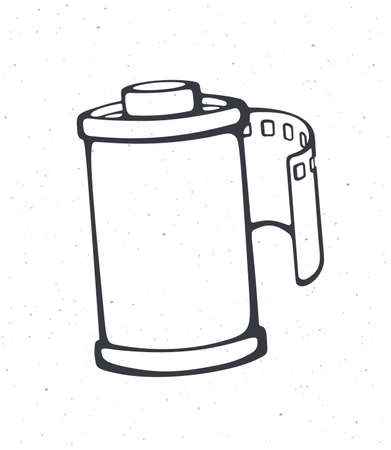 Outline of photo film in cartridge. Vector illustration. Photographic roll film. Hand drawn black ink sketch, isolated on white background. Print for packaging, clothes, emblems, signboards, showcasesのイラスト素材