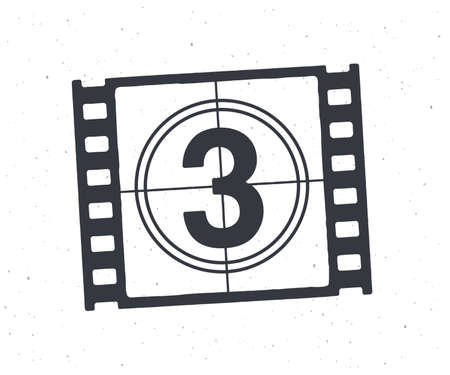 Outline of film strip part with countdown timer. Retro frame of filmstrip. Vintage movie timer for cinema. Film industry. Vector illustration. Hand drawn black ink sketch isolated on white backgroundのイラスト素材