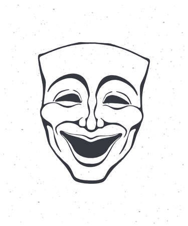 Outline of theatrical comedy mask. Vintage opera mask for happy actor. Face expresses positive emotion. Film and theater industry. Vector illustration. Hand drawn sketch, isolated on white backgroundのイラスト素材