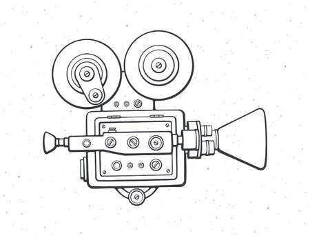 Outline retro cinema projector. Vintage film camera. Old fashioned movie camera. Symbol of the film industry. Vector illustration. Hand drawn black ink sketch, isolated on white backgroundのイラスト素材