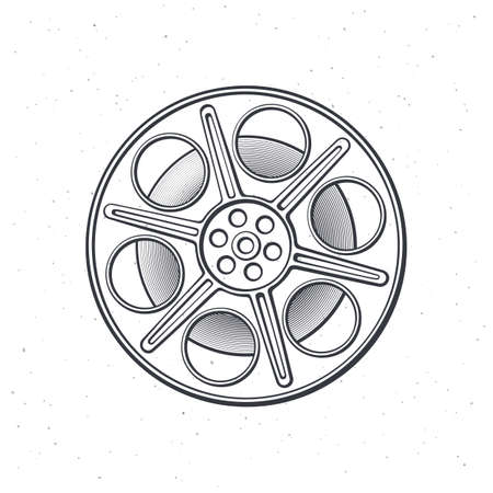 Outline of film stock front view. Retro cinema strip. Vintage camera reel. Movie industry. Retro storage of analog information. Vector illustration. Hand drawn sketch, isolated on white backgroundのイラスト素材