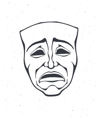 Outline of theatrical drama mask. Vintage opera mask for tragedy actor. Face expresses negative emotion. Film and theater industry. Vector illustration. Hand drawn sketch, isolated on white backgroundのイラスト素材