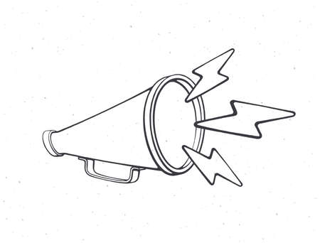 Retro megaphone with lightnings symbol of noise. Outline. Hand loud speaker. Voice audio information and sale promotion. Vector illustration. Hand drawn sketch. Isolated white backgroundのイラスト素材