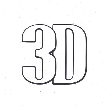 Abbreviation 3D for three-dimensional film. Outline. Lettering style icon for stereo movies. Symbol of the film industry. Vector illustration. Hand drawn sketch. Isolated white backgroundのイラスト素材