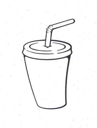 Disposable paper cup with soda and straw. Outline. Cartoon glass with carbonated cold drink. Film industry and fast food symbol. Vector illustration. Hand drawn sketch. Isolated white backgroundのイラスト素材