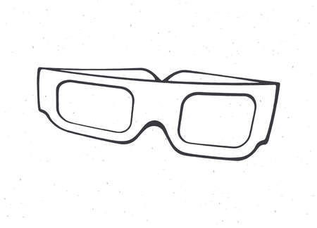 Cartoon paper 3d glasses front view. Outline. Symbol of the film industry. Stereo retro glasses for three-dimensional cinema. Vector illustration. Hand drawn sketch. Isolated white backgroundのイラスト素材