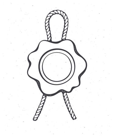 Vintage wax seal with jute rope. Outline. Security stamp with twine for retro mail. Symbol of secret message. Vector illustration. Hand drawn sketch. Isolated white background. Graphic for menusのイラスト素材